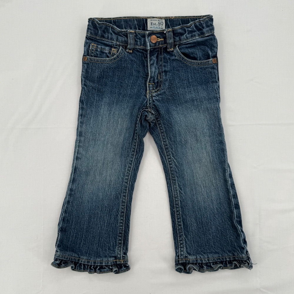 The Childrens Place Girls 3T Ruffle Flare Stretch Jeans Adjustable Medium Wash
